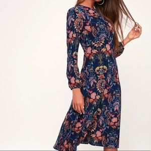 Lulu’s Garden Splendor Navy Blue Floral Dress L